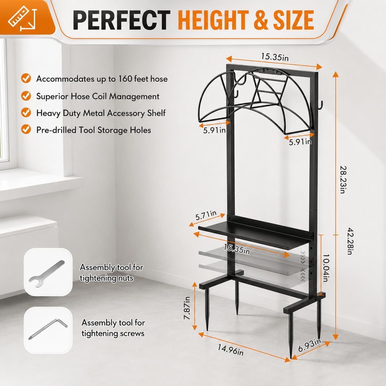 Garden Hose Holder Freestanding Metal Hose Stand 4-Prong Shelf Hooks