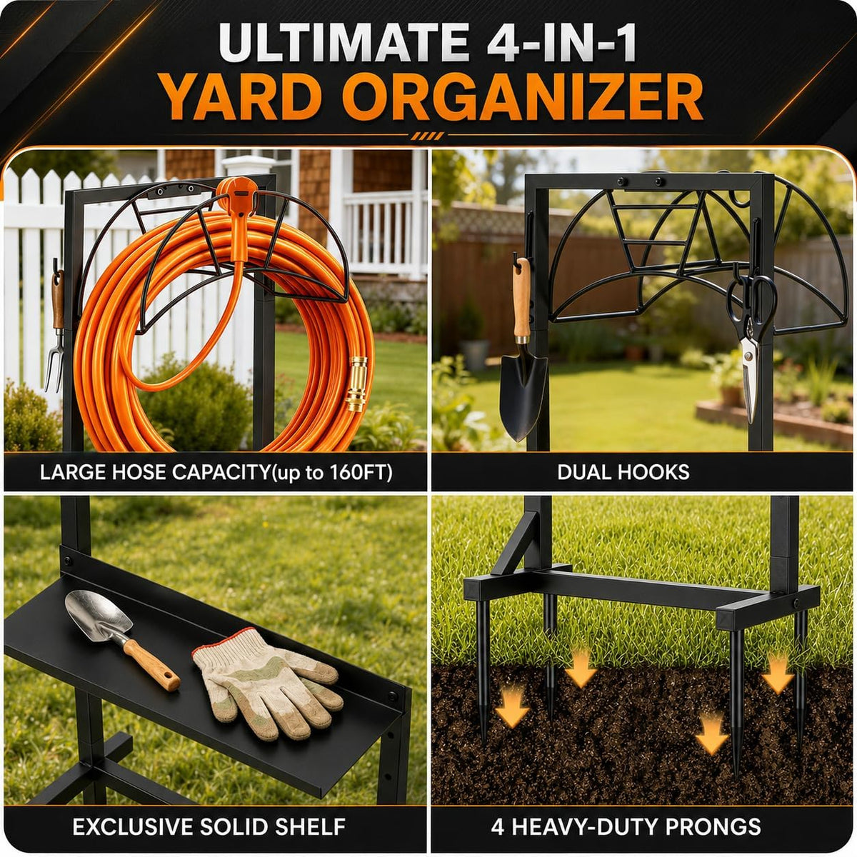 Garden Hose Holder Freestanding Metal Hose Stand 4-Prong Shelf Hooks