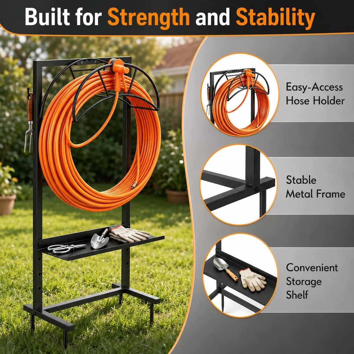 Garden Hose Holder Freestanding Metal Hose Stand 4-Prong Shelf Hooks