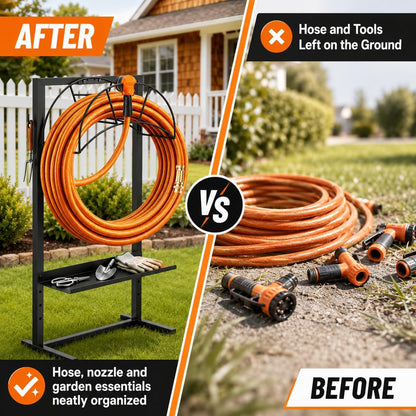 Garden Hose Holder Freestanding Metal Hose Stand 4-Prong Shelf Hooks