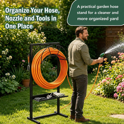Garden Hose Holder Freestanding Metal Hose Stand 4-Prong Shelf Hooks