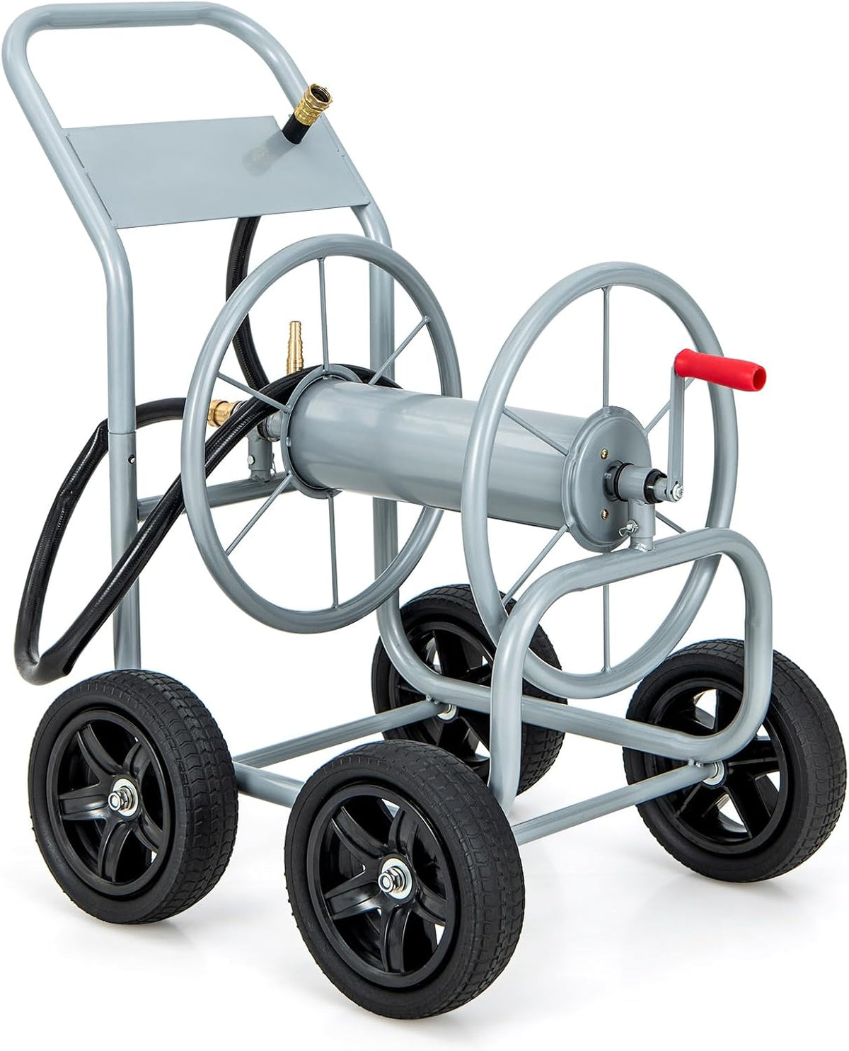 Garden Hose Reel Cart, Outdoor Water Hose Cart with 4 Large Rubber Wheels, Heavy-Duty Yard Water Planting Holds 330 FT of 3/4” or 5/8", or 400 FT of 1/2” Hose for Garden Lawn Farm (Grey)