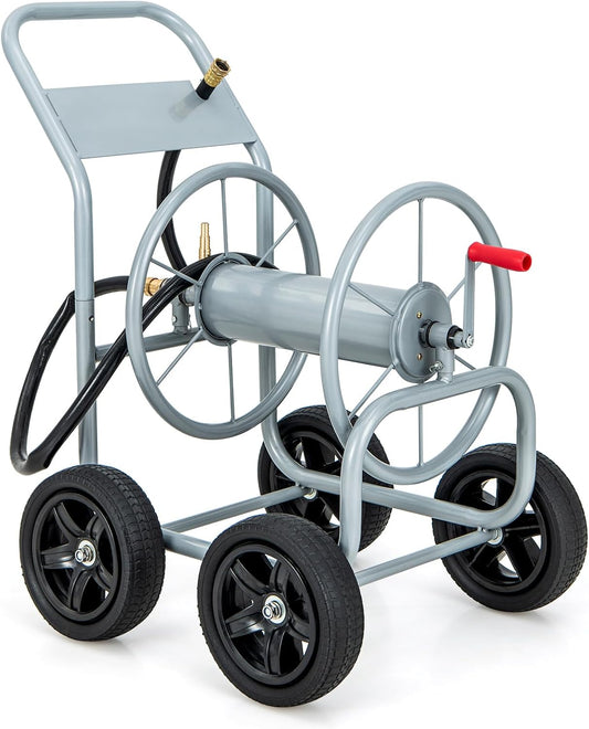 Garden Hose Reel Cart, Outdoor Water Hose Cart with 4 Large Rubber Wheels, Heavy-Duty Yard Water Planting Holds 330 FT of 3/4” or 5/8", or 400 FT of 1/2” Hose for Garden Lawn Farm (Grey)