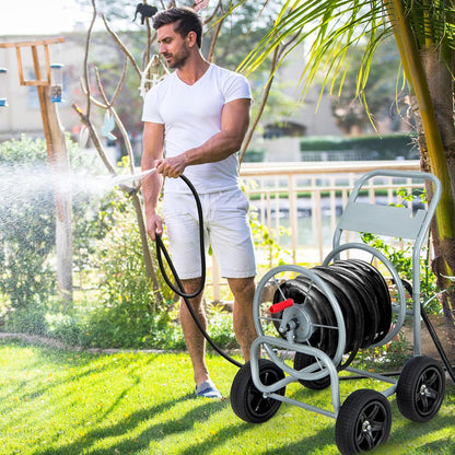 Garden Hose Reel Cart, Outdoor Water Hose Cart with 4 Large Rubber Wheels, Heavy-Duty Yard Water Planting Holds 330 FT of 3/4” or 5/8", or 400 FT of 1/2” Hose for Garden Lawn Farm (Grey)