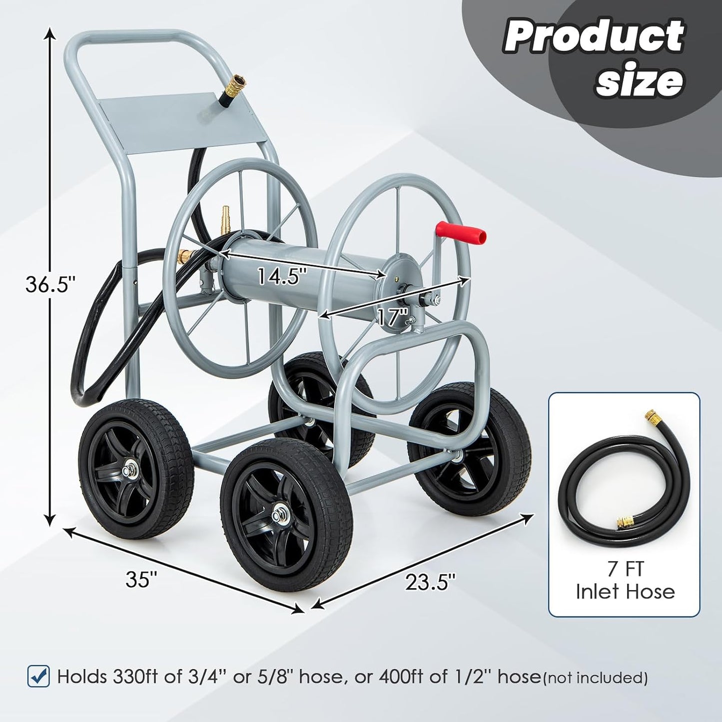 Garden Hose Reel Cart, Outdoor Water Hose Cart with 4 Large Rubber Wheels, Heavy-Duty Yard Water Planting Holds 330 FT of 3/4” or 5/8", or 400 FT of 1/2” Hose for Garden Lawn Farm (Grey)