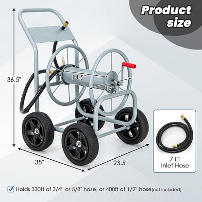 Garden Hose Reel Cart, Outdoor Water Hose Cart with 4 Large Rubber Wheels, Heavy-Duty Yard Water Planting Holds 330 FT of 3/4” or 5/8", or 400 FT of 1/2” Hose for Garden Lawn Farm (Grey)