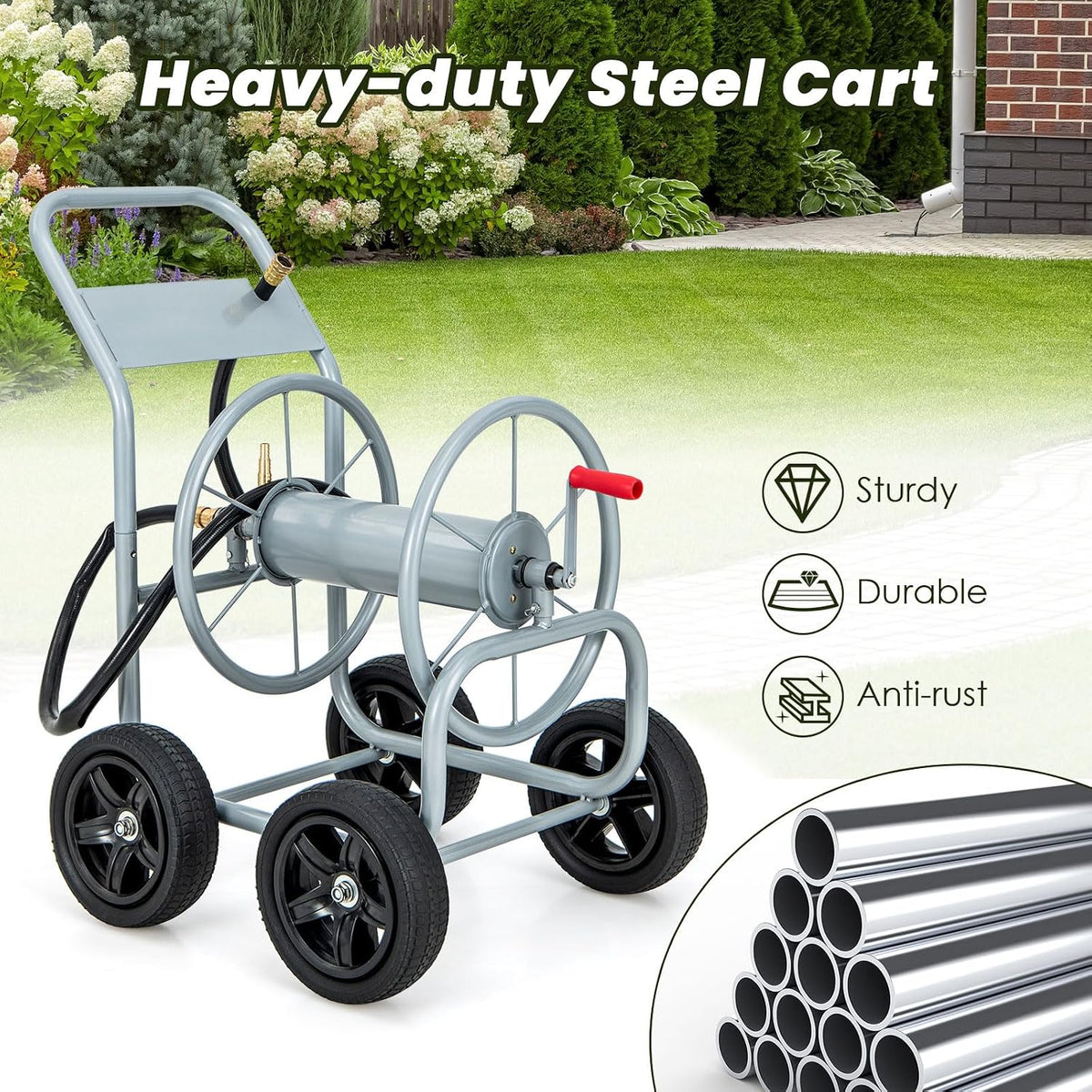 Garden Hose Reel Cart, Outdoor Water Hose Cart with 4 Large Rubber Wheels, Heavy-Duty Yard Water Planting Holds 330 FT of 3/4” or 5/8", or 400 FT of 1/2” Hose for Garden Lawn Farm (Grey)