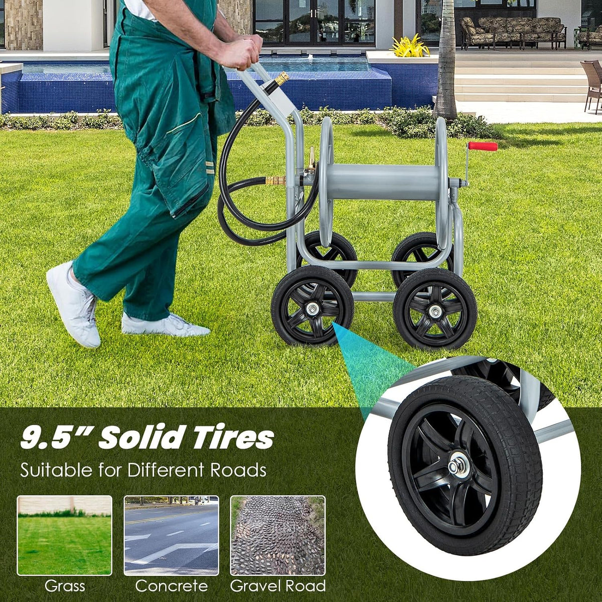 Garden Hose Reel Cart, Outdoor Water Hose Cart with 4 Large Rubber Wheels, Heavy-Duty Yard Water Planting Holds 330 FT of 3/4” or 5/8", or 400 FT of 1/2” Hose for Garden Lawn Farm (Grey)