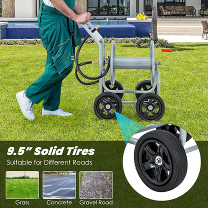 Garden Hose Reel Cart, Outdoor Water Hose Cart with 4 Large Rubber Wheels, Heavy-Duty Yard Water Planting Holds 330 FT of 3/4” or 5/8", or 400 FT of 1/2” Hose for Garden Lawn Farm (Grey)