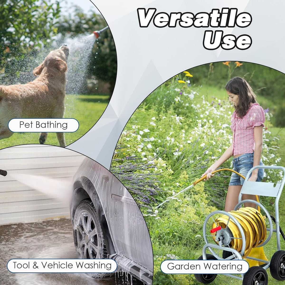 Garden Hose Reel Cart, Outdoor Water Hose Cart with 4 Large Rubber Wheels, Heavy-Duty Yard Water Planting Holds 330 FT of 3/4” or 5/8", or 400 FT of 1/2” Hose for Garden Lawn Farm (Grey)