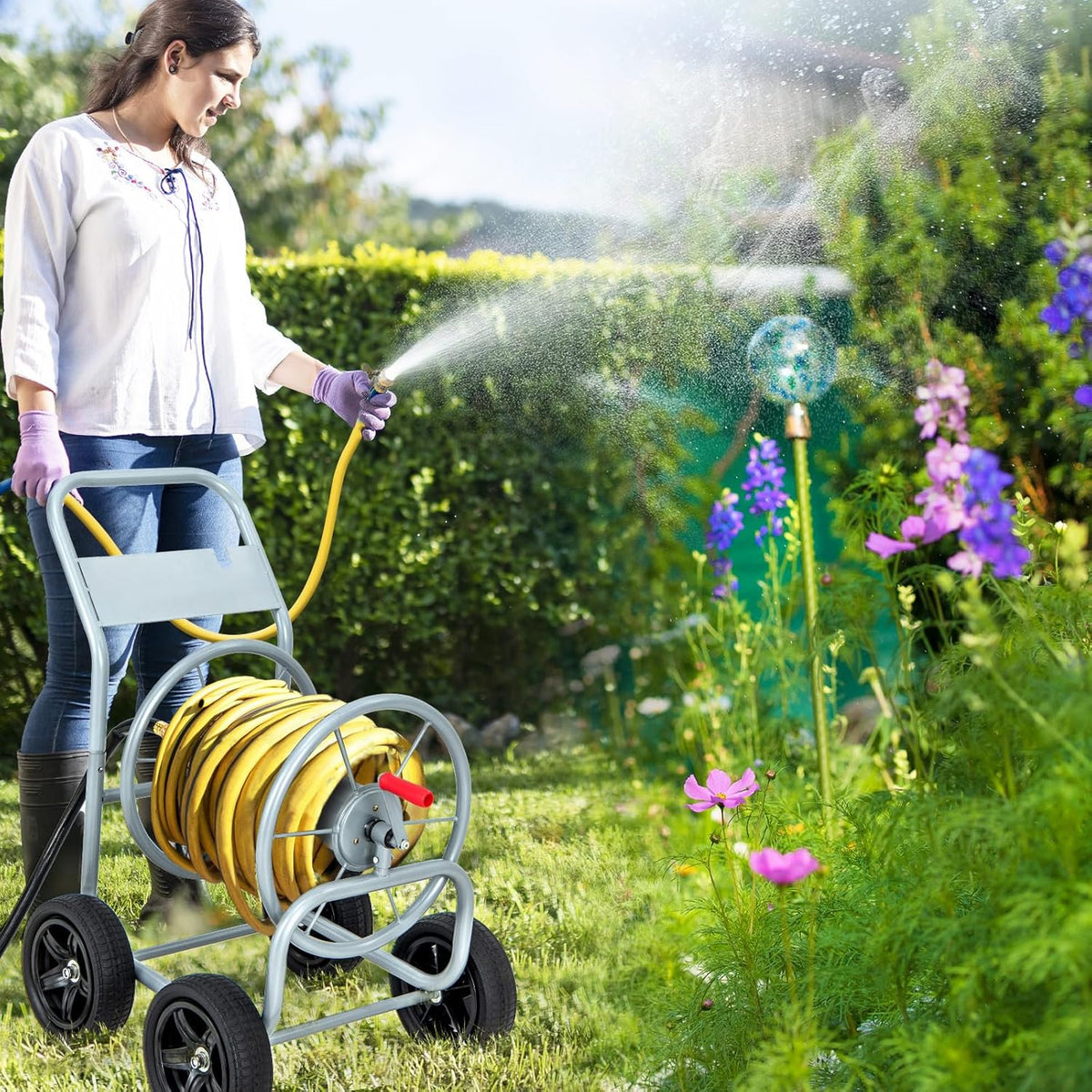 Garden Hose Reel Cart, Outdoor Water Hose Cart with 4 Large Rubber Wheels, Heavy-Duty Yard Water Planting Holds 330 FT of 3/4” or 5/8", or 400 FT of 1/2” Hose for Garden Lawn Farm (Grey)