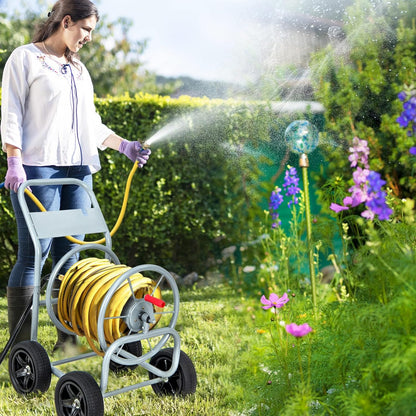 Garden Hose Reel Cart, Outdoor Water Hose Cart with 4 Large Rubber Wheels, Heavy-Duty Yard Water Planting Holds 330 FT of 3/4” or 5/8", or 400 FT of 1/2” Hose for Garden Lawn Farm (Grey)