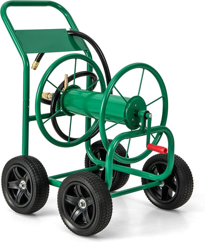 Garden Hose Reel Cart, Outdoor Water Hose Cart with 4 Large Rubber Wheels, Heavy-Duty Yard Water Planting Holds 330 FT of 3/4” or 5/8", or 400 FT of 1/2” Hose for Garden Lawn Farm (Grey)