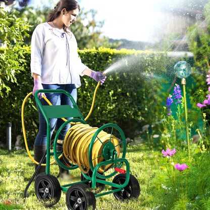 Garden Hose Reel Cart, Outdoor Water Hose Cart with 4 Large Rubber Wheels, Heavy-Duty Yard Water Planting Holds 330 FT of 3/4” or 5/8", or 400 FT of 1/2” Hose for Garden Lawn Farm (Grey)