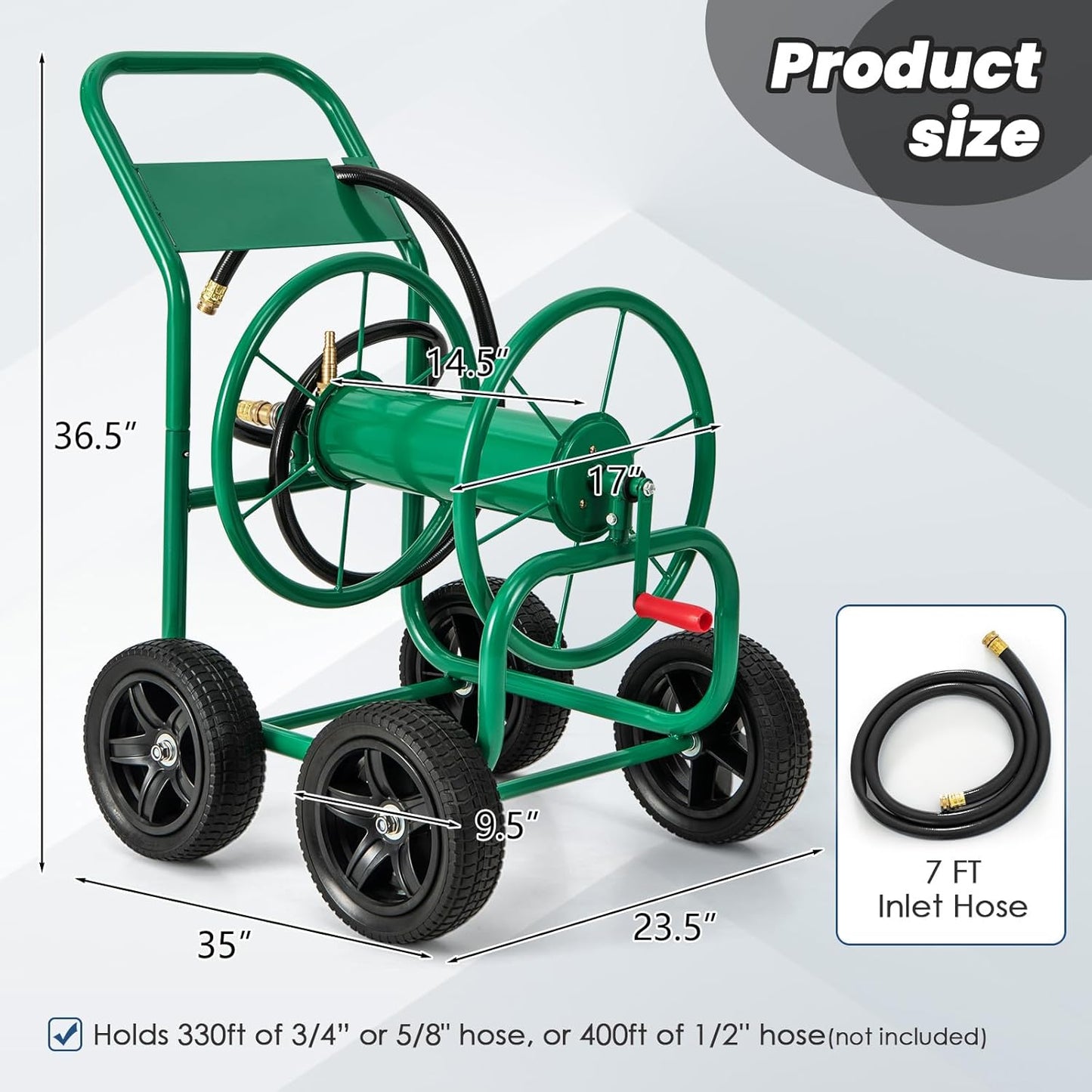 Garden Hose Reel Cart, Outdoor Water Hose Cart with 4 Large Rubber Wheels, Heavy-Duty Yard Water Planting Holds 330 FT of 3/4” or 5/8", or 400 FT of 1/2” Hose for Garden Lawn Farm (Grey)