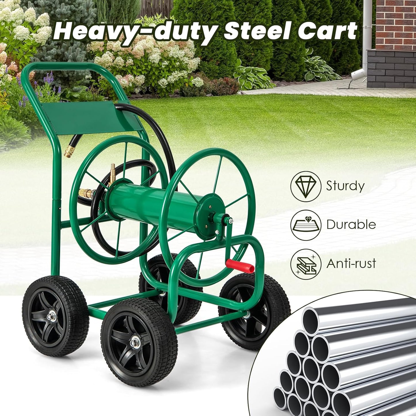 Garden Hose Reel Cart, Outdoor Water Hose Cart with 4 Large Rubber Wheels, Heavy-Duty Yard Water Planting Holds 330 FT of 3/4” or 5/8", or 400 FT of 1/2” Hose for Garden Lawn Farm (Grey)