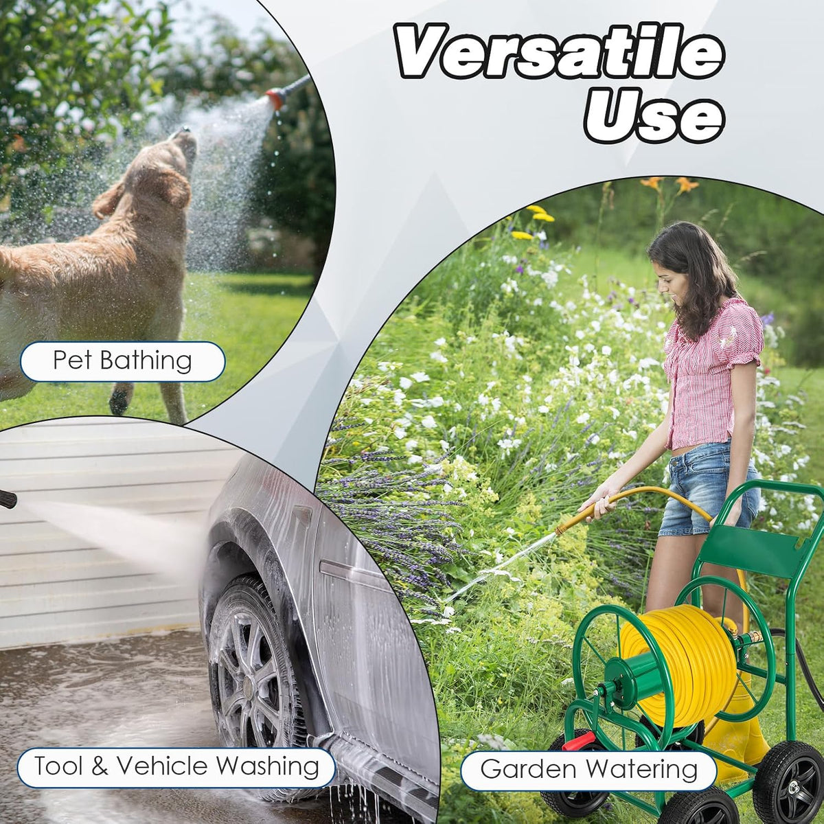 Garden Hose Reel Cart, Outdoor Water Hose Cart with 4 Large Rubber Wheels, Heavy-Duty Yard Water Planting Holds 330 FT of 3/4” or 5/8", or 400 FT of 1/2” Hose for Garden Lawn Farm (Grey)