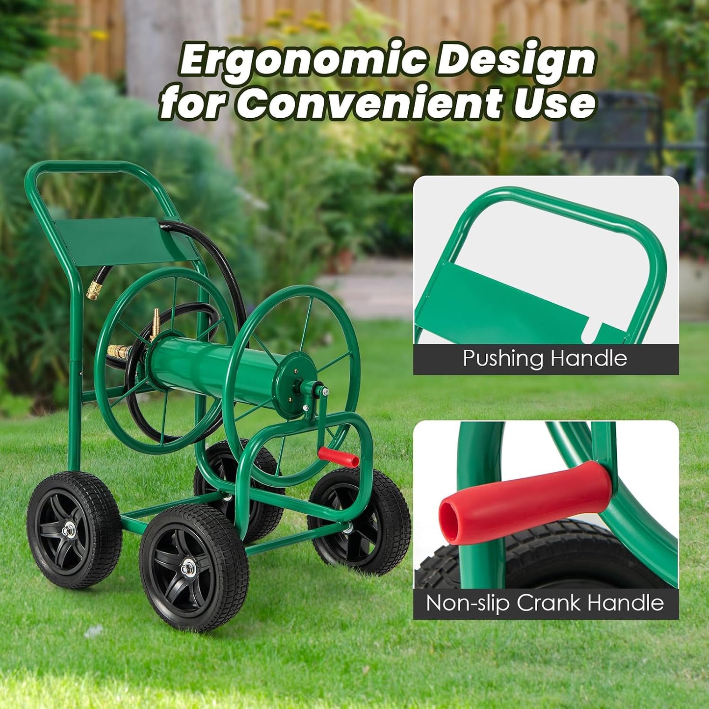 Garden Hose Reel Cart, Outdoor Water Hose Cart with 4 Large Rubber Wheels, Heavy-Duty Yard Water Planting Holds 330 FT of 3/4” or 5/8", or 400 FT of 1/2” Hose for Garden Lawn Farm (Grey)