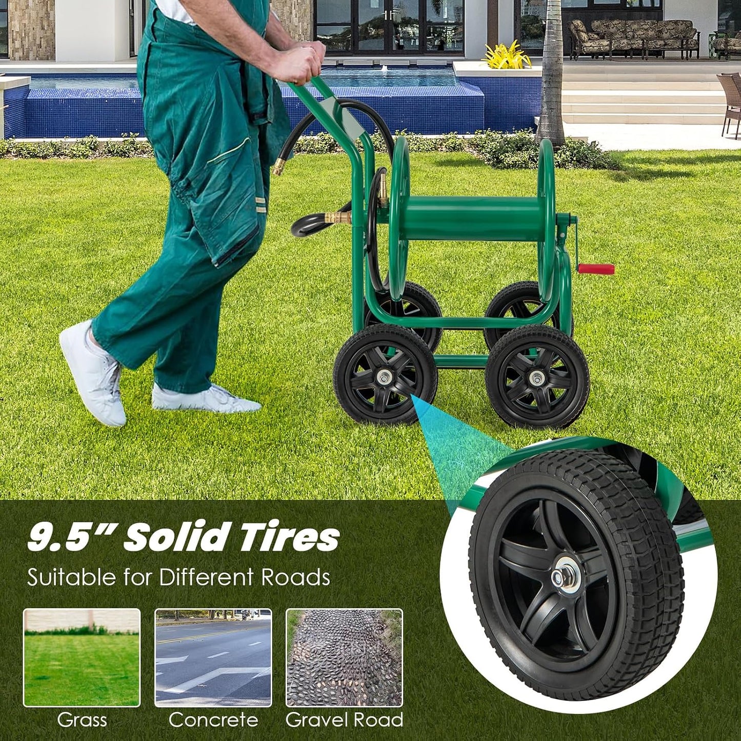 Garden Hose Reel Cart, Outdoor Water Hose Cart with 4 Large Rubber Wheels, Heavy-Duty Yard Water Planting Holds 330 FT of 3/4” or 5/8", or 400 FT of 1/2” Hose for Garden Lawn Farm (Grey)