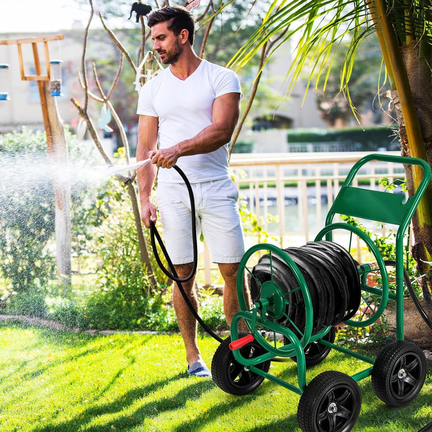 Garden Hose Reel Cart, Outdoor Water Hose Cart with 4 Large Rubber Wheels, Heavy-Duty Yard Water Planting Holds 330 FT of 3/4” or 5/8", or 400 FT of 1/2” Hose for Garden Lawn Farm (Grey)