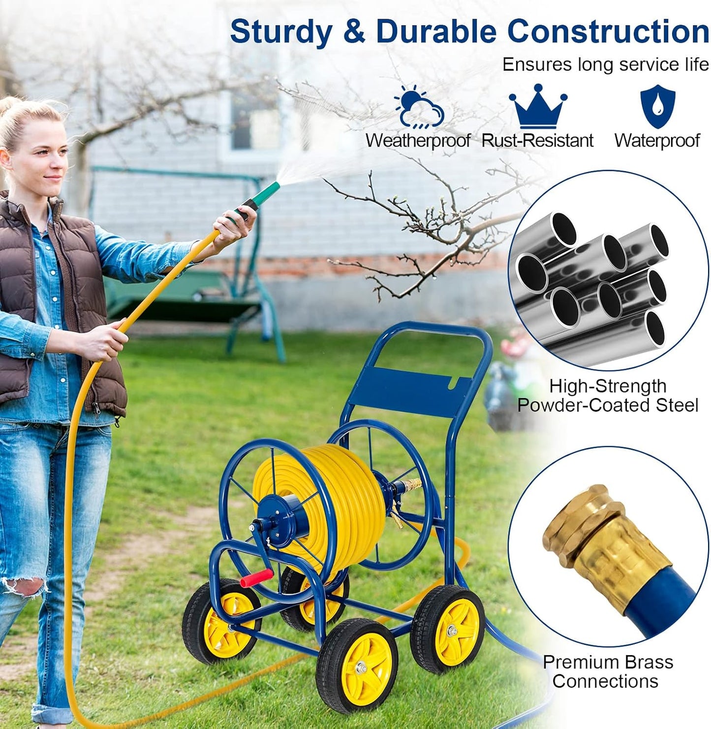 Garden Hose Reel Cart, Outdoor Water Hose Cart with 4 Large Rubber Wheels, Heavy-Duty Yard Water Planting Holds 330 FT of 3/4” or 5/8", or 400 FT of 1/2” Hose for Garden Lawn Farm (Grey)