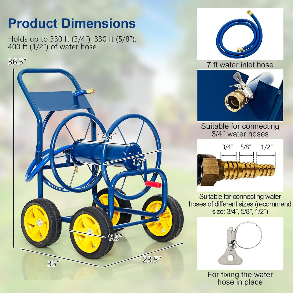 Garden Hose Reel Cart, Outdoor Water Hose Cart with 4 Large Rubber Wheels, Heavy-Duty Yard Water Planting Holds 330 FT of 3/4” or 5/8", or 400 FT of 1/2” Hose for Garden Lawn Farm (Grey)