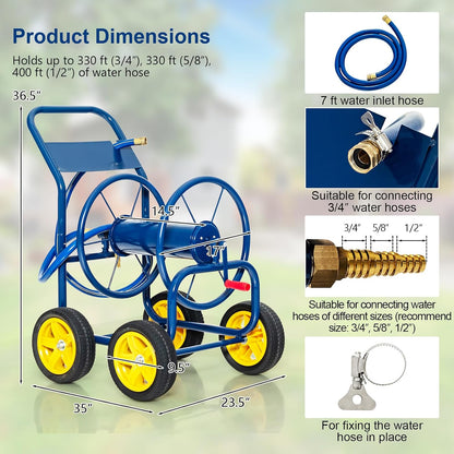 Garden Hose Reel Cart, Outdoor Water Hose Cart with 4 Large Rubber Wheels, Heavy-Duty Yard Water Planting Holds 330 FT of 3/4” or 5/8", or 400 FT of 1/2” Hose for Garden Lawn Farm (Grey)