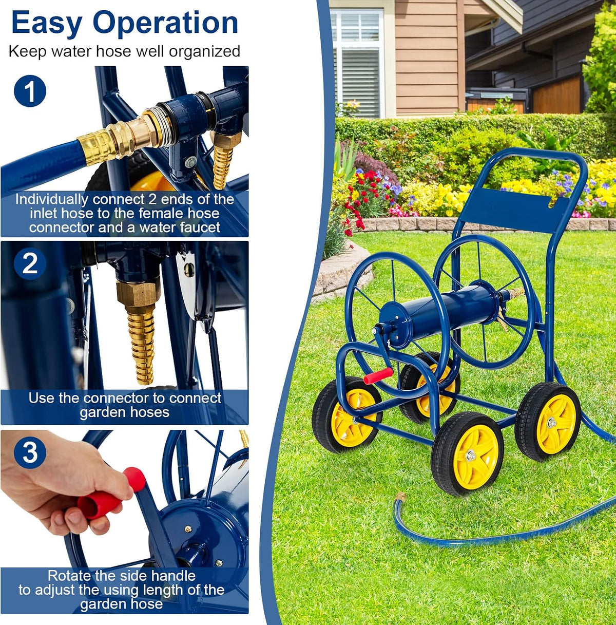 Garden Hose Reel Cart, Outdoor Water Hose Cart with 4 Large Rubber Wheels, Heavy-Duty Yard Water Planting Holds 330 FT of 3/4” or 5/8", or 400 FT of 1/2” Hose for Garden Lawn Farm (Grey)