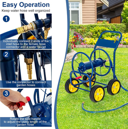 Garden Hose Reel Cart, Outdoor Water Hose Cart with 4 Large Rubber Wheels, Heavy-Duty Yard Water Planting Holds 330 FT of 3/4” or 5/8", or 400 FT of 1/2” Hose for Garden Lawn Farm (Grey)