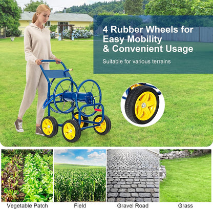 Garden Hose Reel Cart, Outdoor Water Hose Cart with 4 Large Rubber Wheels, Heavy-Duty Yard Water Planting Holds 330 FT of 3/4” or 5/8", or 400 FT of 1/2” Hose for Garden Lawn Farm (Grey)