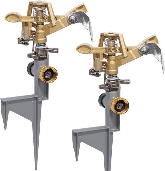 2 Pack Impact Sprinkler Head on Metal Step Spike, Heavy Duty Zinc Alloy Lawn Sprinkler, Adjustable Coverage Nozzle on Sturdy Spike Base, 360 Degree Large Area Irrigation