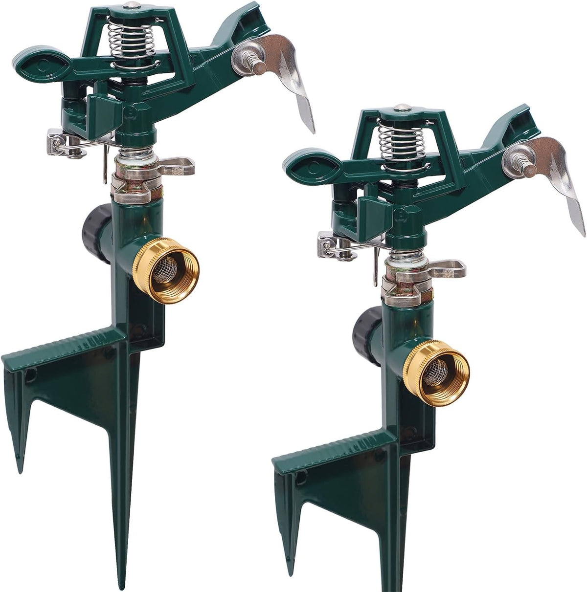 2 Pack Impact Sprinkler Head on Metal Step Spike, Heavy Duty Zinc Alloy Lawn Sprinkler, Adjustable Coverage Nozzle on Sturdy Spike Base, 360 Degree Large Area Irrigation