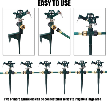 2 Pack Impact Sprinkler Head on Metal Step Spike, Heavy Duty Zinc Alloy Lawn Sprinkler, Adjustable Coverage Nozzle on Sturdy Spike Base, 360 Degree Large Area Irrigation