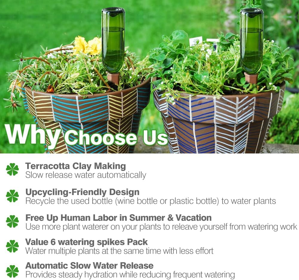 Plant Watering Devices 6 Pack Terracotta Vacation Plant Waterer Wine Bottle Watering Stakes Slow Release Plant Watering Spikes Self Watering Devices for Indoor Outdoor Plants