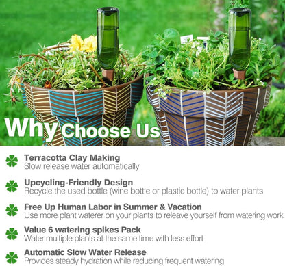 Plant Watering Devices 6 Pack Terracotta Vacation Plant Waterer Wine Bottle Watering Stakes Slow Release Plant Watering Spikes Self Watering Devices for Indoor Outdoor Plants