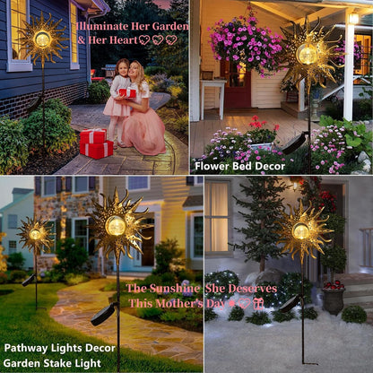 Sun Solar Lights Outdoor Waterproof Metal Garden Stakes for Patio Yard Walkway LawnPatio Mothers Gifts Mom Wife Grandma (Sun)