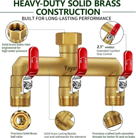 3 Way Garden Hose Splitter, 3/4" GHT Full Flow Hose Splitter