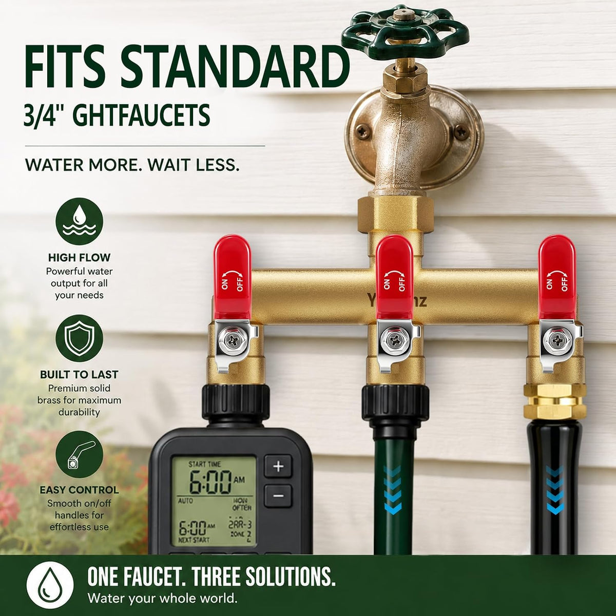 3 Way Garden Hose Splitter, 3/4" GHT Full Flow Hose Splitter