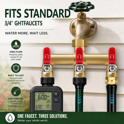 3 Way Garden Hose Splitter, 3/4" GHT Full Flow Hose Splitter