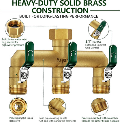 3 Way Garden Hose Splitter, 3/4" GHT Full Flow Hose Splitter