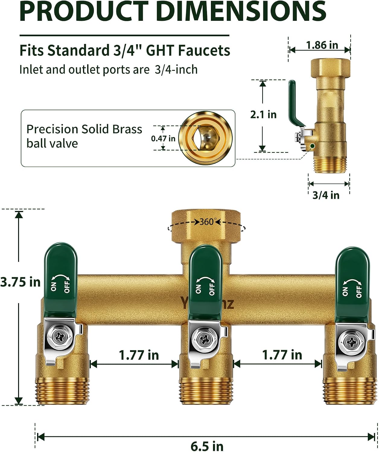 3 Way Garden Hose Splitter, 3/4" GHT Full Flow Hose Splitter