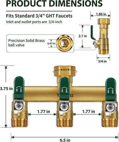 3 Way Garden Hose Splitter, 3/4" GHT Full Flow Hose Splitter
