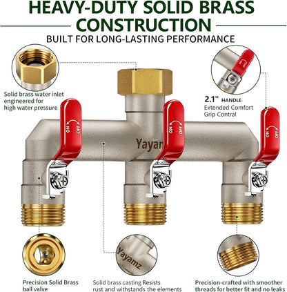 3 Way Garden Hose Splitter, 3/4" GHT Full Flow Hose Splitter