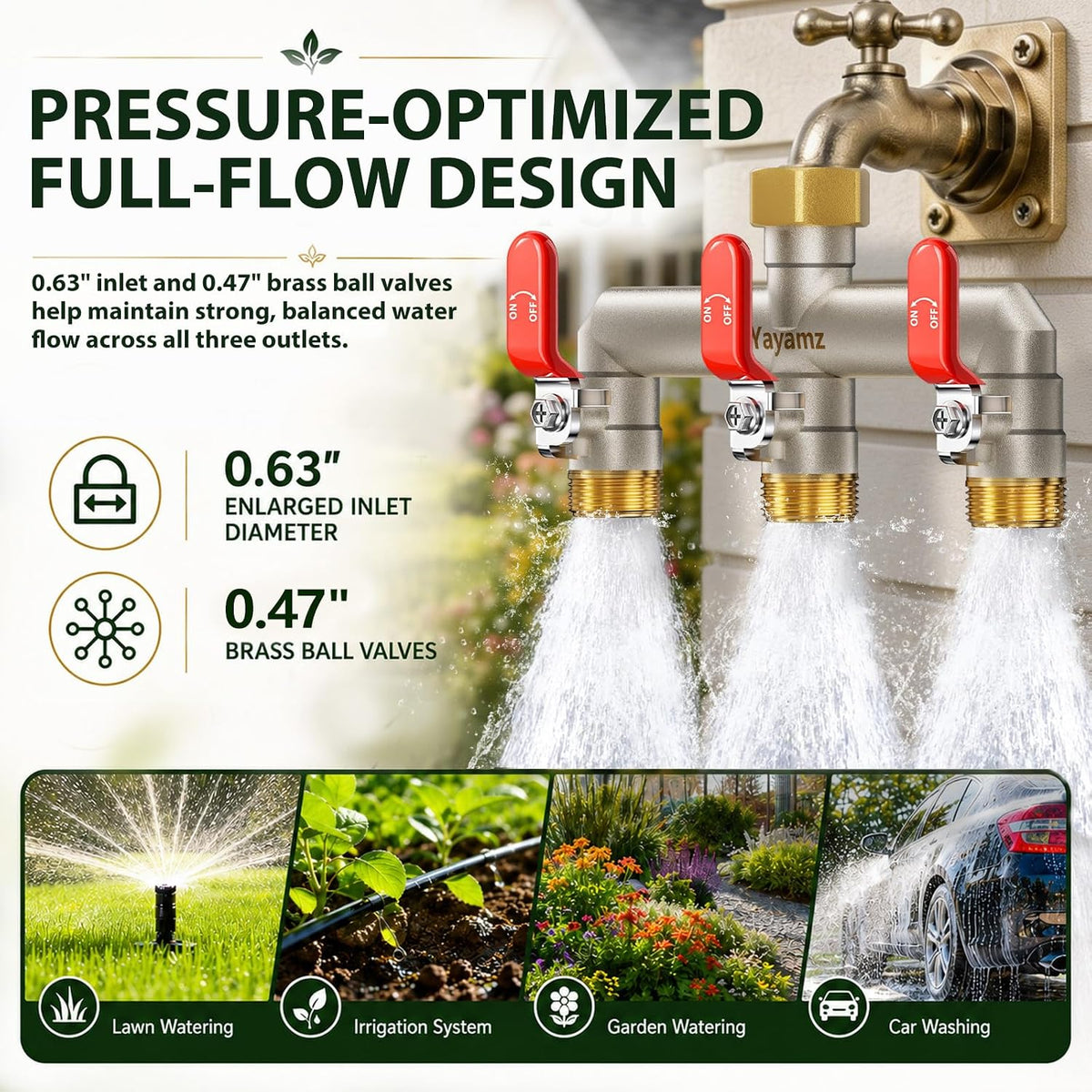 3 Way Garden Hose Splitter, 3/4" GHT Full Flow Hose Splitter