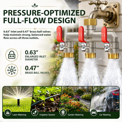 3 Way Garden Hose Splitter, 3/4" GHT Full Flow Hose Splitter