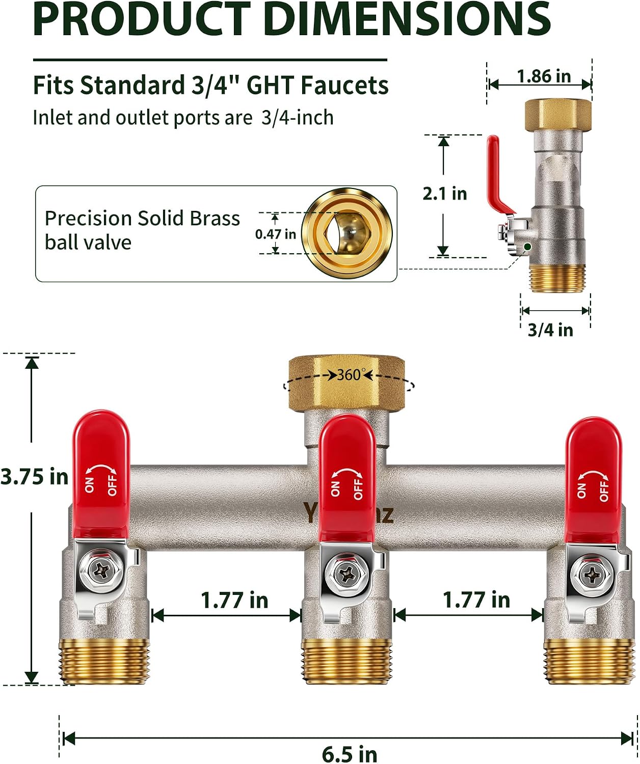 3 Way Garden Hose Splitter, 3/4" GHT Full Flow Hose Splitter