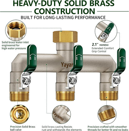 3 Way Garden Hose Splitter, 3/4" GHT Full Flow Hose Splitter