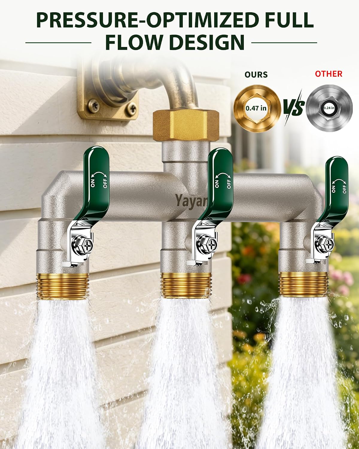 3 Way Garden Hose Splitter, 3/4" GHT Full Flow Hose Splitter