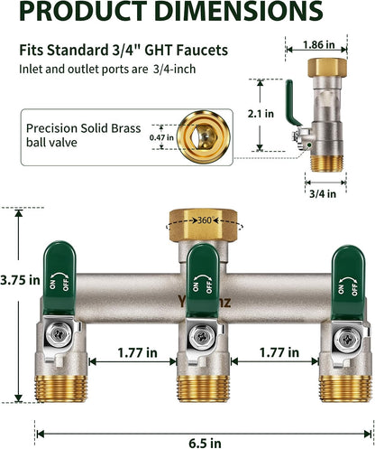 3 Way Garden Hose Splitter, 3/4" GHT Full Flow Hose Splitter