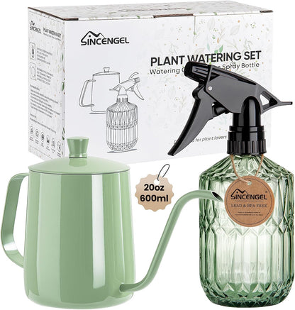 Watering Can for Indoor Plants, 20 oz Metal Small Plant Watering Can with Long Spout for House Plants, 13.5 oz Glass Plant Mister Spray Bottle for Bonsai Garden Flowers Decorative (Green)